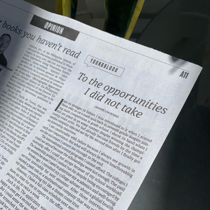 A page of the August 18 issue of Inquirer, featuring "To the opportunities I did not take," a personal essay written by Janine Liwanag and published in Young Blood